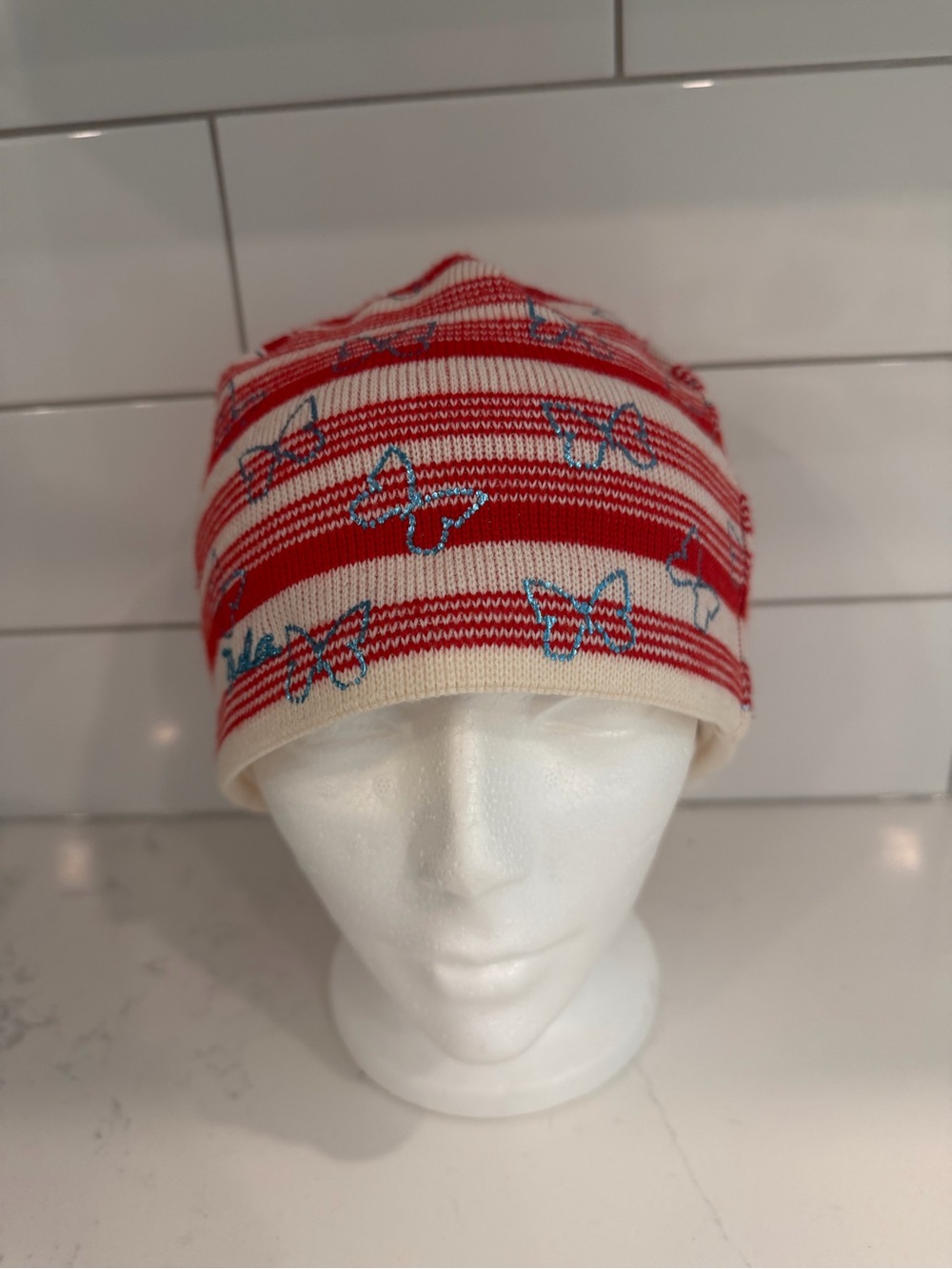 ADULT POLARTEC BULA UNIQUE RED STRIPED TOQUE EMBELLISHED WITH SPARKLY BUTTERFLY